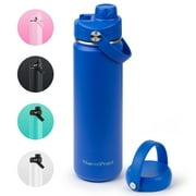ThermoProof Double-Walled Vacuum Insulated Stainless Steel Water Bottle - Wide Mouth with Chug \u0026 Spout Lids, Dishwasher Safe, Reusable, Leakproof, Hot \u0026 Cold for Men, Women \u0026 Kids - 22oz, Blue